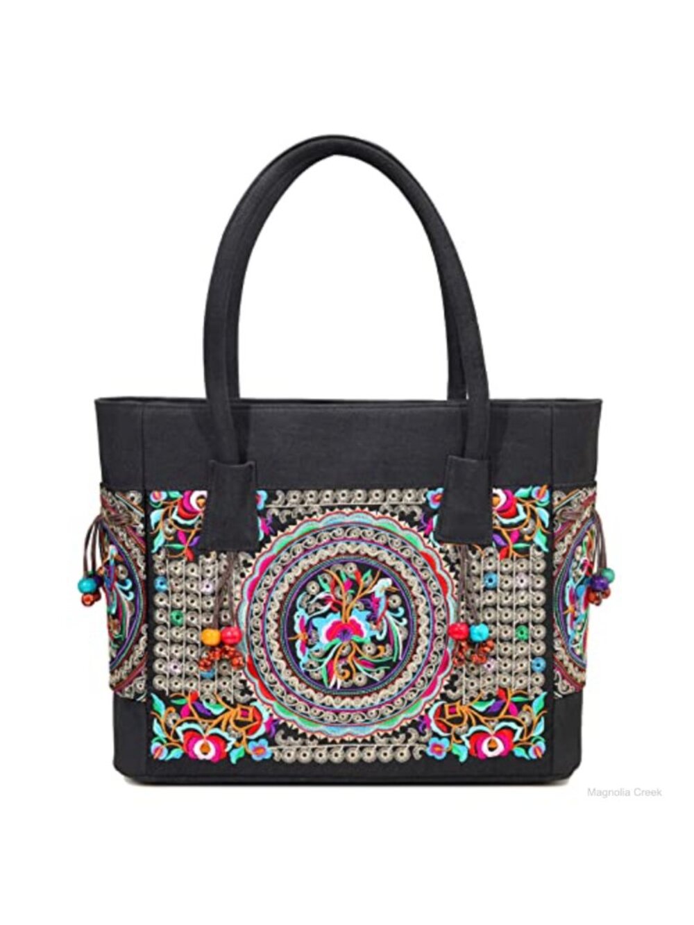 Embroidered Canvas Tote Bag with Zipper Handmade Vintage Shoulder Bag